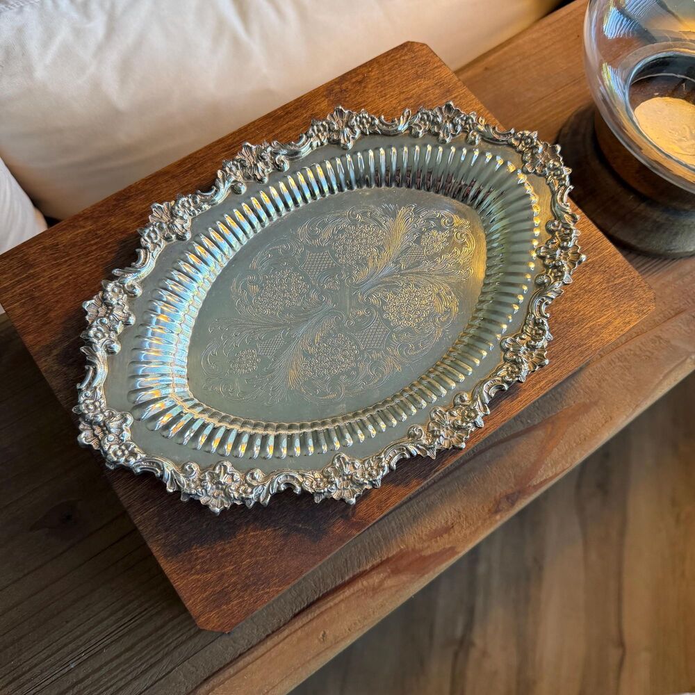 Vintage Silver Plate Vanity Tray Ornate Floral Engraved Oval Serving Tray Rococo